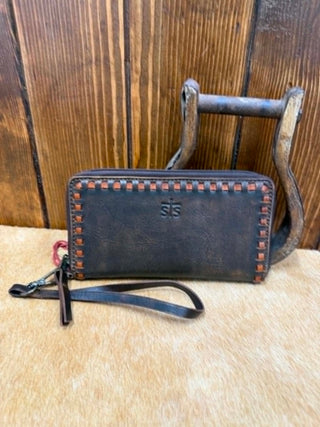 STS Ranchwear, chocolate leather wristlet, western wallet, bifold leather wallet, Bandera wristlet, genuine leather clutch, whipstitch leather wallet, cowgirl accessories, rustic leather wallet