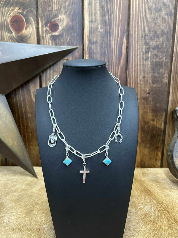 Sterling Silver Charm Necklaces-Necklaces-LJ Turquoise-Lucky J Boots & More, Women's, Men's, & Kids Western Store Located in Carthage, MO