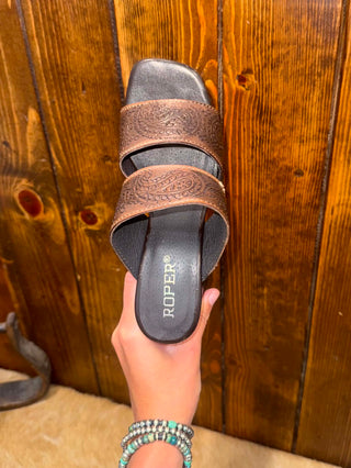Women's Roper Stella Brown Tooled Leather Sandal