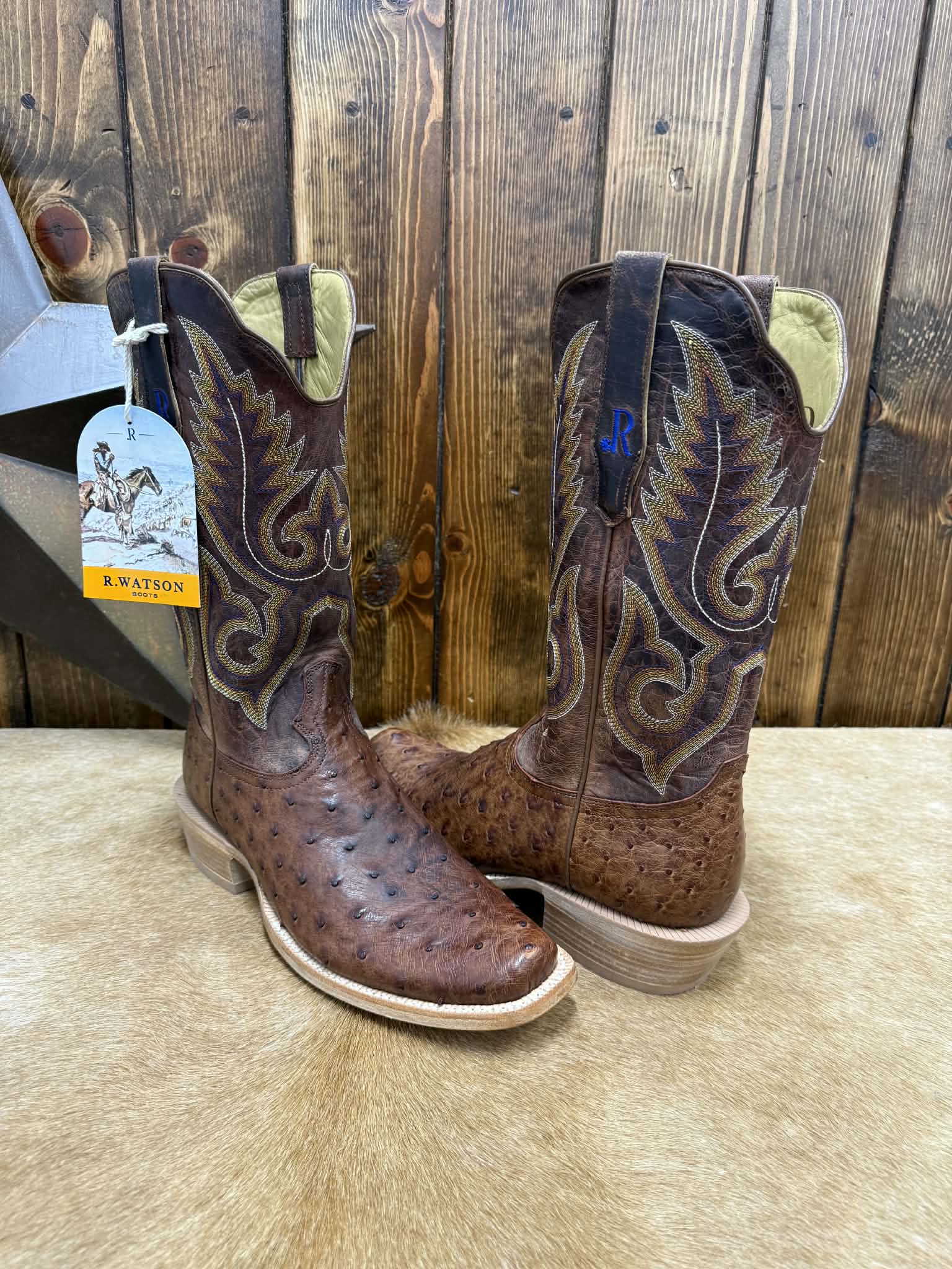 Men's R. Watson Brass Full Quill Ostrich Boot-Men's Boots-R. Watson-Lucky J Boots & More, Women's, Men's, & Kids Western Store Located in Carthage, MO