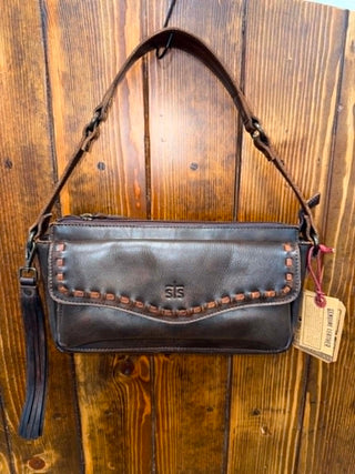 STS Ranchwear, Bandera Bag, chocolate leather purse, Western shoulder bag, whipstitch leather bag, genuine leather handbag, cowgirl accessories, brown leather tassel bag.