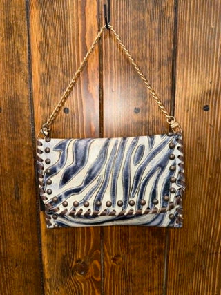 Kurtmen Kennedy Clutch, Navy Zebra Leather Bag, Western Style Clutch, Handcrafted Leather Purse, Studded Leather Clutch, Luxury Western Accessories, Women's Crossbody Bag, Designer Zebra Print Bag.