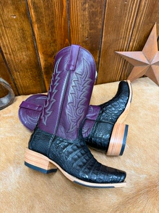 Horse Power boots, men's black caiman belly boots, exotic western boots, violet goat leather boots, TK toe cowboy boots, hybrid sole exotic boots, luxury men's western wear.