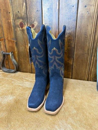 R. Watson boots, women's roughout boots, midnight blue cowgirl boots, narrow cutter toe boots, blue suede western boots, 14 inch shaft boots, premium western footwear