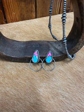 B. Begay jewelry, Cotton Candy stone earrings, sterling silver hoop studs, Southwest artisan earrings, colorful stone inlay jewelry, handcrafted silver earrings, Native American style earrings.