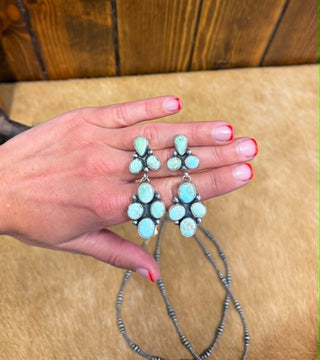 Kiera turquoise earrings, sterling silver earrings, Bonnie Benally jewelry, handcrafted turquoise, Southwestern silver earrings, artisan stamped jewelry, Navajo style silver.