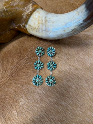 authentic Turquoise floral earrings on a fur surface