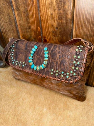 Kurtmen Sophie Purse, Western Crossbody Bag, Turquoise Horseshoe Clutch, Cowhide Leather Purse, Croc Embossed Handbag, Artisan Western Fashion, Boho Leather Bag.