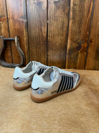 Shu Shop Stevie, Silver Metallic Sneakers, Women’s Retro Sneakers, Silver Low Top Shoes, Gum Sole Sneakers, Trendy Silver Footwear, Shu Shop Shoes