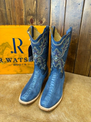 R. Watson Boots, Blue Jean Ostrich Boots, Sueded Ostrich Leg, Men's Exotic Cowboy Boots, Wide Square Toe Boots, Blue Western Boots, Luxury Ostrich Boots