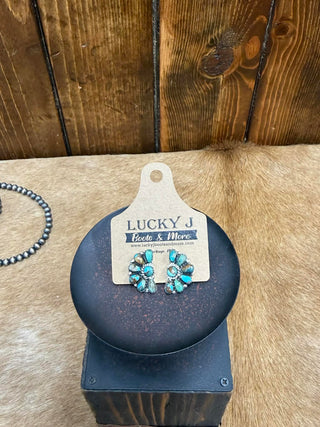 Women's LJ Turquoise half moon stud earrings. Wrenlee earrings, turquoise stud earrings, authentic turquoise jewelry, half moon earrings, boho silver studs, southwestern style earrings, turquoise cluster jewelry, hand-set turquoise.
