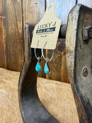 Turquoise teardrop earrings, brass hook earrings, Western jewelry, Leighton earrings, boho accessories, hand-stamped brass, petite turquoise dangles, Lucky J Boots jewelry.