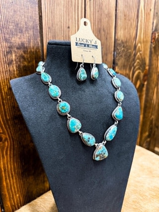 Sterling silver turquoise jewelry, handmade necklace set, authentic turquoise earrings, Western jewelry set, artisanal sterling silver, Charlotte necklace, boho turquoise set.