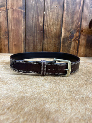 Circle SH Brown Leather Double Stitch Belt-Belts-WESTERN FASHION ACCESSORIES-Lucky J Boots & More, Women's, Men's, & Kids Western Store Located in Carthage, MO