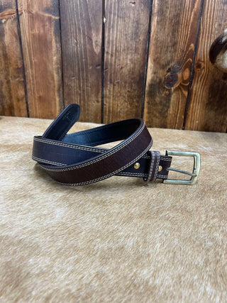 Circle SH Brown Leather Double Stitch Belt-Belts-WESTERN FASHION ACCESSORIES-Lucky J Boots & More, Women's, Men's, & Kids Western Store Located in Carthage, MO