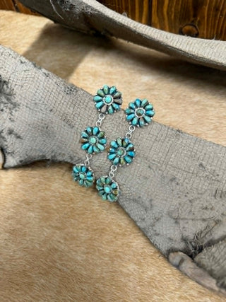 Turquoise flower-shaped earrings on a textured fabric surface
