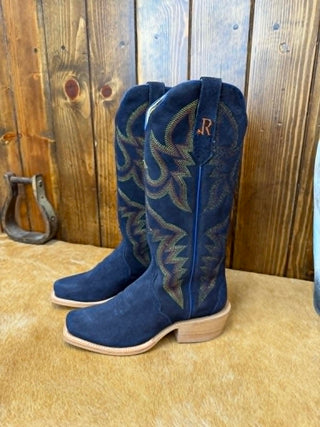 R. Watson boots, women's roughout boots, midnight blue cowgirl boots, narrow cutter toe boots, blue suede western boots, 14 inch shaft boots, premium western footwear