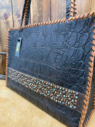 Kurtmen Emerson Tote, Handcrafted Leather Bag, Crystal Galaxy Tote, Western Leather Tote, Croc Embossed Bag, Tall Wedge Tote, Artisan Handbag, Designer Western Tote