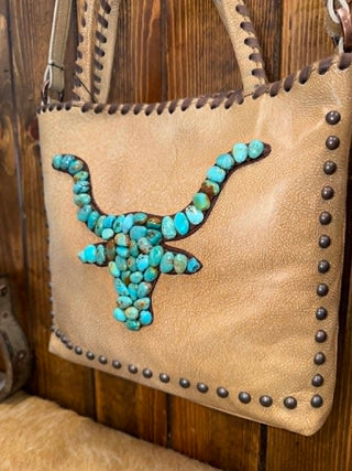 Kurtmen Melanie Tote, Turquoise Longhorn Bag, Western Leather Crossbody, Handcrafted Bucket Tote, Bronze Studded Handbag, Boho Chic Purse, Designer Western Bag.