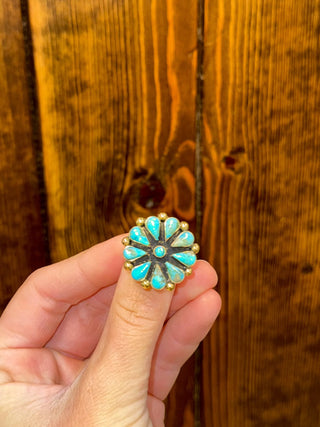 Turquoise ring, brass ring, adjustable statement ring, boho jewelry, Southwestern style, turquoise cluster ring, vintage style jewelry, wide band ring.