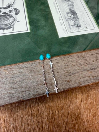 Kingman turquoise earrings, sterling silver cross earrings, Western jewelry, Hada collection earrings, turquoise drop earrings, Southwest style accessories, religious jewelry.