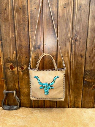 Kurtmen Melanie Tote, Turquoise Longhorn Bag, Western Leather Crossbody, Handcrafted Bucket Tote, Bronze Studded Handbag, Boho Chic Purse, Designer Western Bag.