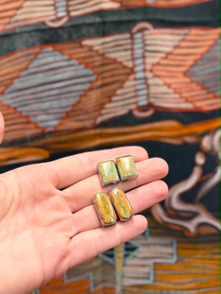 J. Frank jewelry, turquoise sterling silver earrings, Royston turquoise studs, boulder turquoise jewelry, southwestern artisan earrings, ribbon turquoise, handmade silver studs