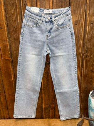 Vervet denim, June jeans, high rise wide leg, studded jeans, comfort stretch denim, slim wide leg, women's ankle jeans, boutique denim, light wash jeans.