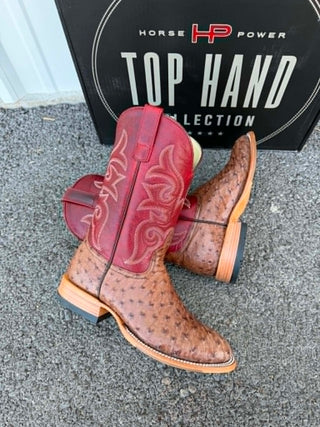 Horse Power Boots, Full Quill Ostrich, Kango Tobacco, Roper Boots, Men's Exotic Leather Boots, Red Shaft Cowboy Boots, Hybrid Sole Western Boots, Anderson Bean Horse Power.