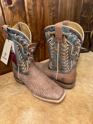 Men's Ariat Stinger Square Toe Boot with navy leather and intricate stitch pattern.