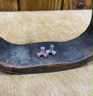 Pink Dahlia earrings, turquoise stud earrings, sterling silver jewelry, Hada Collection, southwestern style studs, boho gemstone earrings, handmade pink turquoise jewelry.