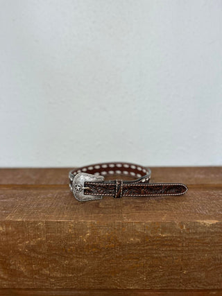 Kids Brown Floral Tooled Belt with White Buck Stitch-Kids Belts-M & F Western Products-Lucky J Boots & More, Women's, Men's, & Kids Western Store Located in Carthage, MO