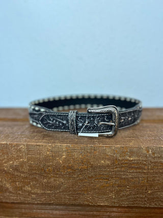 Nocona Black Floral Tooled and Beaded Belt with White Buck Stitch-Belts-M & F Western Products-Lucky J Boots & More, Women's, Men's, & Kids Western Store Located in Carthage, MO