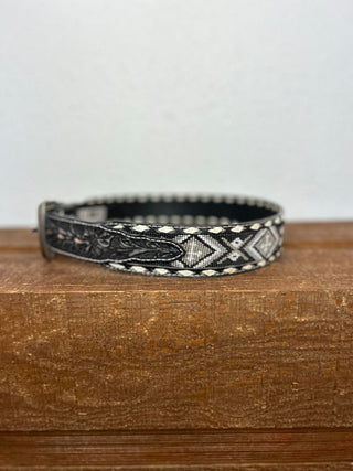Nocona Black Floral Tooled and Beaded Belt with White Buck Stitch-Belts-M & F Western Products-Lucky J Boots & More, Women's, Men's, & Kids Western Store Located in Carthage, MO