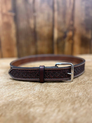 Texas Saddlery Chocolate Waffle Tooled Belt-Belts-Texas Saddlery-Lucky J Boots & More, Women's, Men's, & Kids Western Store Located in Carthage, MO
