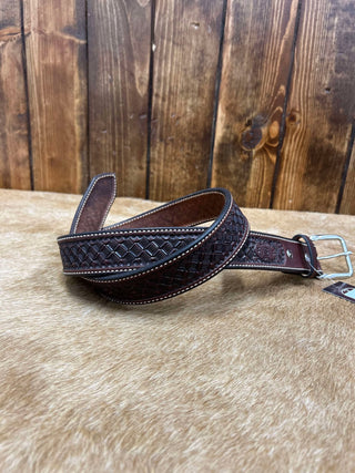 Texas Saddlery Chocolate Waffle Tooled Belt-Belts-Texas Saddlery-Lucky J Boots & More, Women's, Men's, & Kids Western Store Located in Carthage, MO