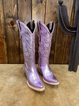 Lane Boots, Lavender Metallic Smokeshow, luxury western boots, women's tall cowboy boots, iridescent leather boots, designer cowgirl boots, high-end western footwear, boutique cowboy boots.