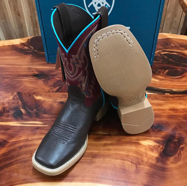 Kid's Ariat Chocolate and Maroon Bristo Square Toe Boot-Kids Boots-Ariat-Lucky J Boots & More, Women's, Men's, & Kids Western Store Located in Carthage, MO