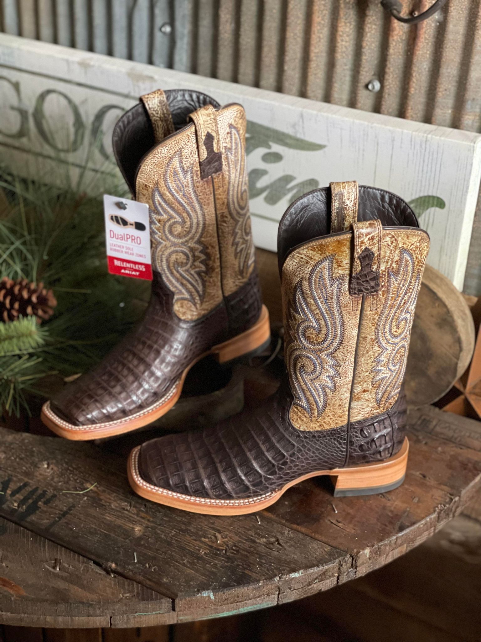 Relentless Ariat Denton Chocolate Caiman Belly Boots-Men's Boots-Ariat-Lucky J Boots & More, Women's, Men's, & Kids Western Store Located in Carthage, MO