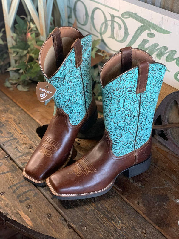 Ariat Womens Round Up Square Toe - Beduino Brown / Turquoise Floral Emboss-Women's Boots-Ariat-Lucky J Boots & More, Women's, Men's, & Kids Western Store Located in Carthage, MO