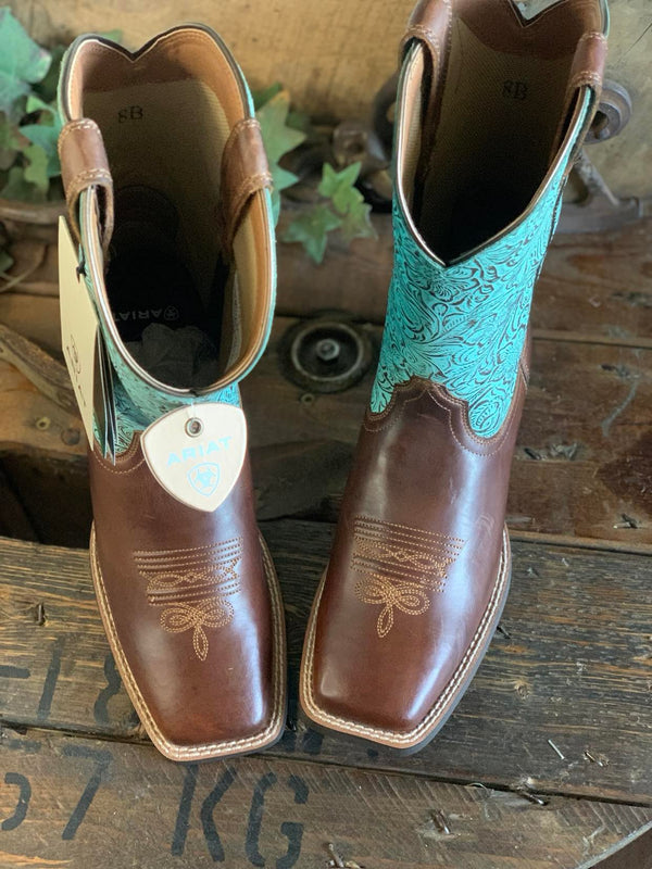 Ariat Womens Round Up Square Toe - Beduino Brown / Turquoise Floral Emboss-Women's Boots-Ariat-Lucky J Boots & More, Women's, Men's, & Kids Western Store Located in Carthage, MO