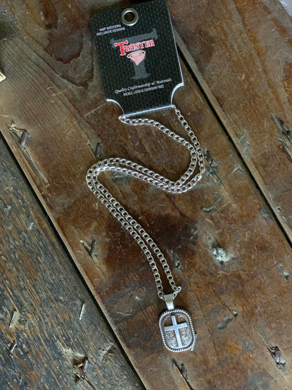 Twister Men's Silver Cross Necklace-Necklaces-M & F Western Products-Lucky J Boots & More, Women's, Men's, & Kids Western Store Located in Carthage, MO