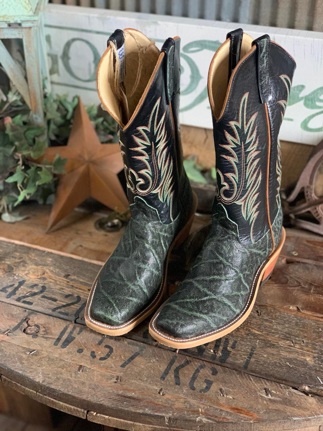 AB Olive Vintage Elephant w/ Black Kidskin-Men's Boots-Anderson Bean-Lucky J Boots & More, Women's, Men's, & Kids Western Store Located in Carthage, MO