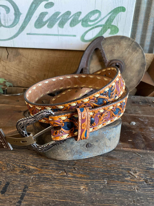 Natural Tooled Belt with Cream Buck Stitch-Belts-Gem-Dandy-Lucky J Boots & More, Women's, Men's, & Kids Western Store Located in Carthage, MO