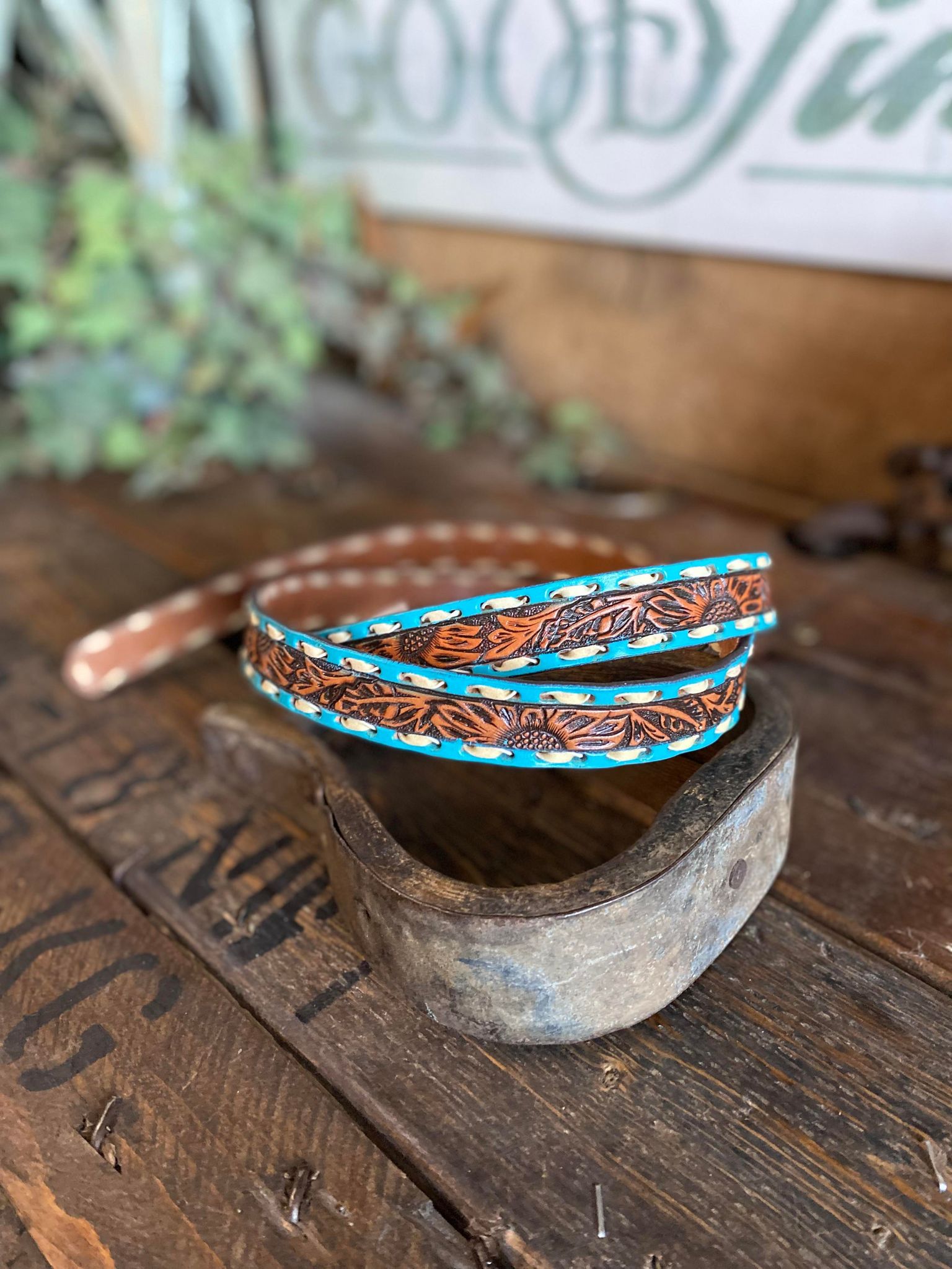 Ladies Natural Tooled Leather Belt w/ Turquoise and Cream Buck Stitch 1