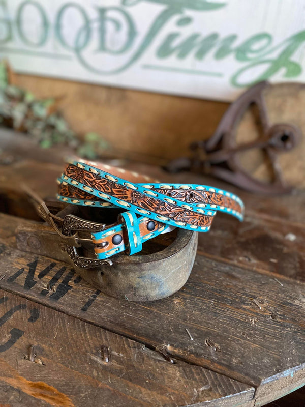 Ladies Natural Tooled Leather Belt w/ Turquoise and Cream Buck Stitch 1" *FINAL SALE*-Women's Belts-Gem-Dandy-Lucky J Boots & More, Women's, Men's, & Kids Western Store Located in Carthage, MO