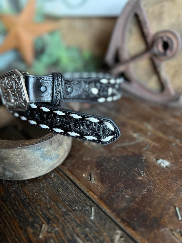 Kids Black Floral Tooled Belt W/ White Buck Stitch and Inlay-Toys-M & F Western Products-Lucky J Boots & More, Women's, Men's, & Kids Western Store Located in Carthage, MO