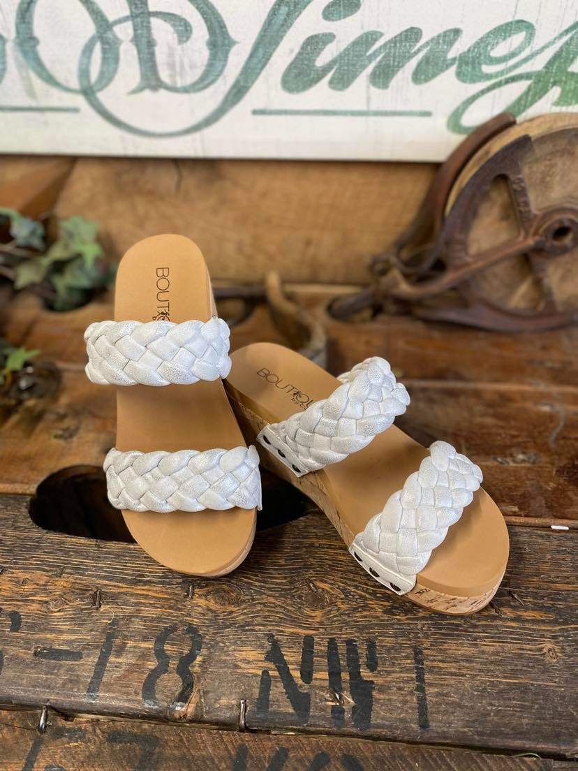 Delightful Wedged Sandal by Boutique in White Metallic-Women's Casual Shoes-Corkys Footwear-Lucky J Boots & More, Women's, Men's, & Kids Western Store Located in Carthage, MO