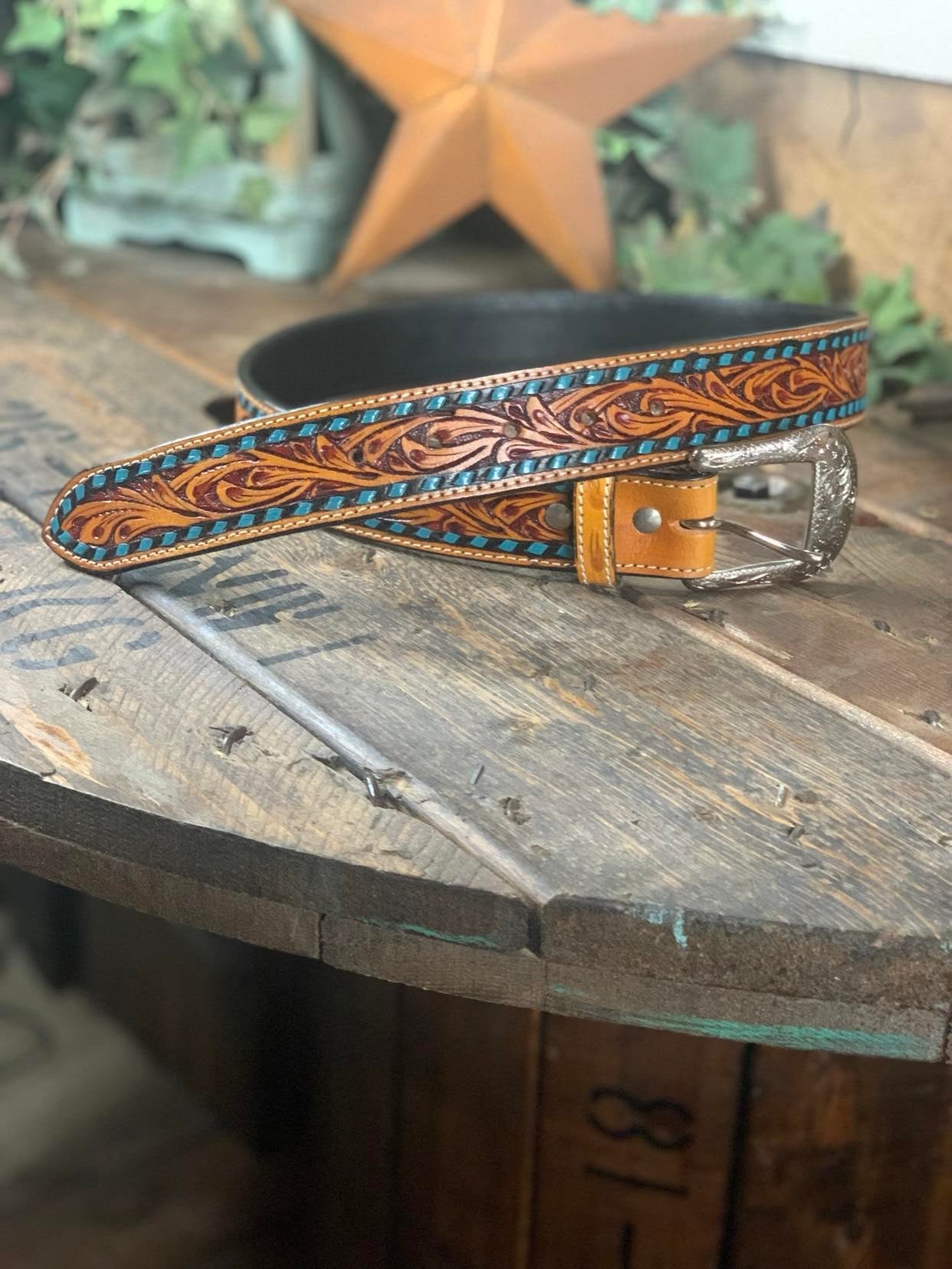 Adult Tooled Leather Belt with Turquoise Buckstitch-Belts-WESTERN FASHION ACCESSORIES-Lucky J Boots & More, Women's, Men's, & Kids Western Store Located in Carthage, MO