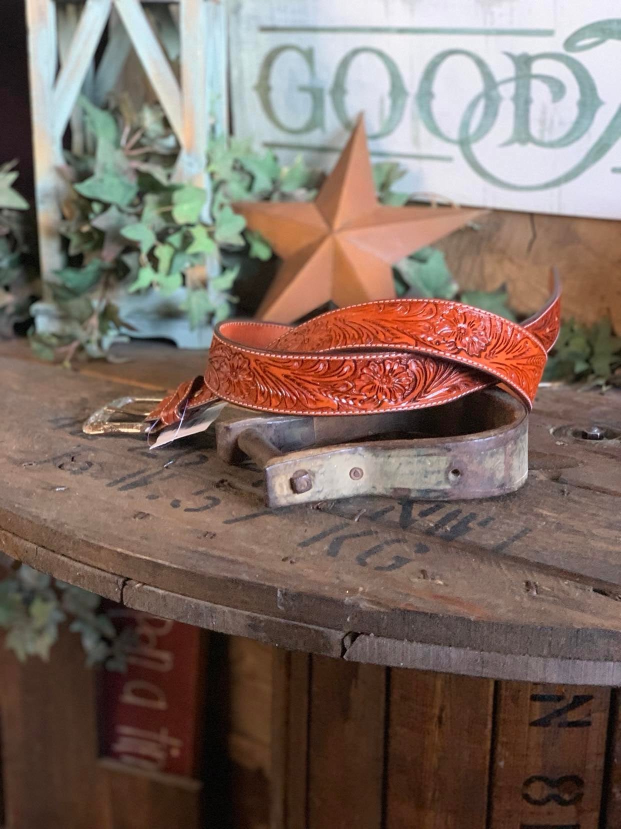 Adult Cognac Floral Tooled Leather Belt EMB-1-Belts-WESTERN FASHION ACCESSORIES-Lucky J Boots & More, Women's, Men's, & Kids Western Store Located in Carthage, MO